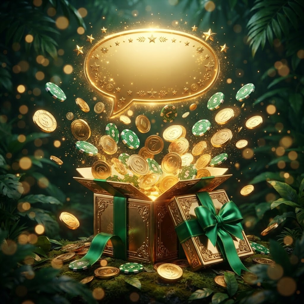 Gold gift box with emerald bow spilling coins – Fair Go promo codes