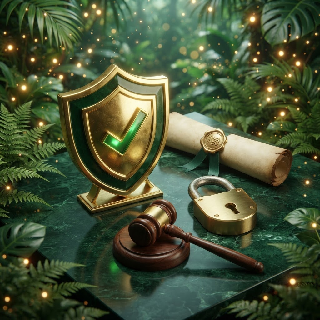 Gold shield with tick symbol on dark green – licence verification concept