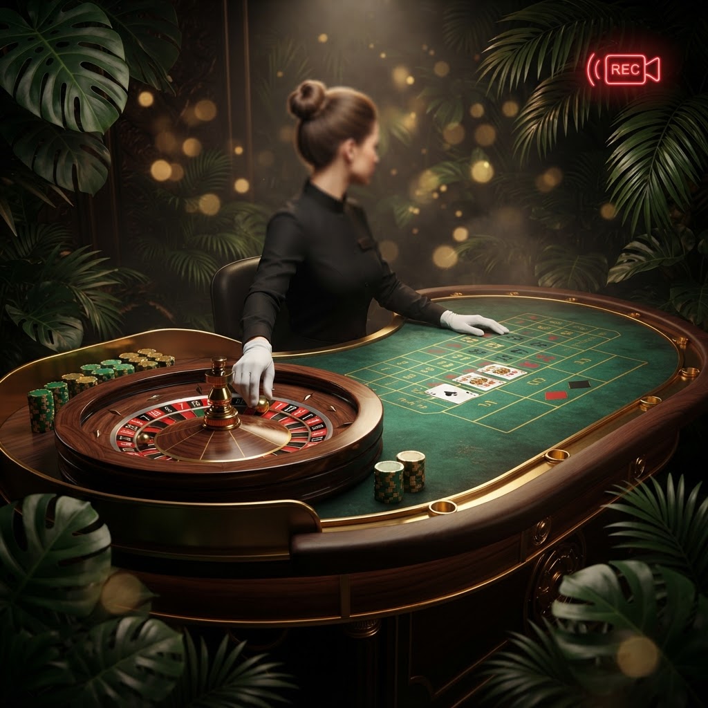 Green felt casino table with cards, chips and a roulette wheel in Fair Go colours