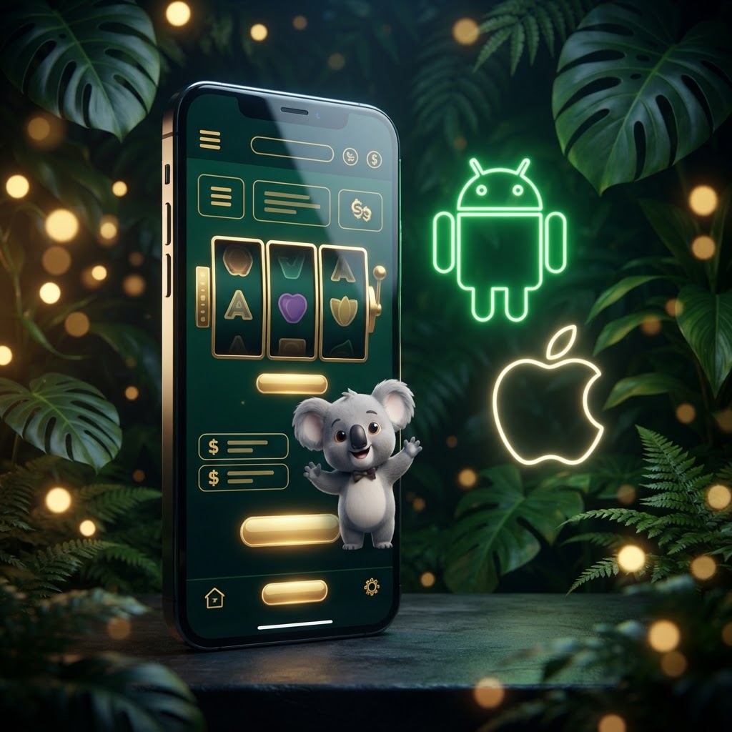 Android phone showing the Fair Go Casino lobby with koala mascot