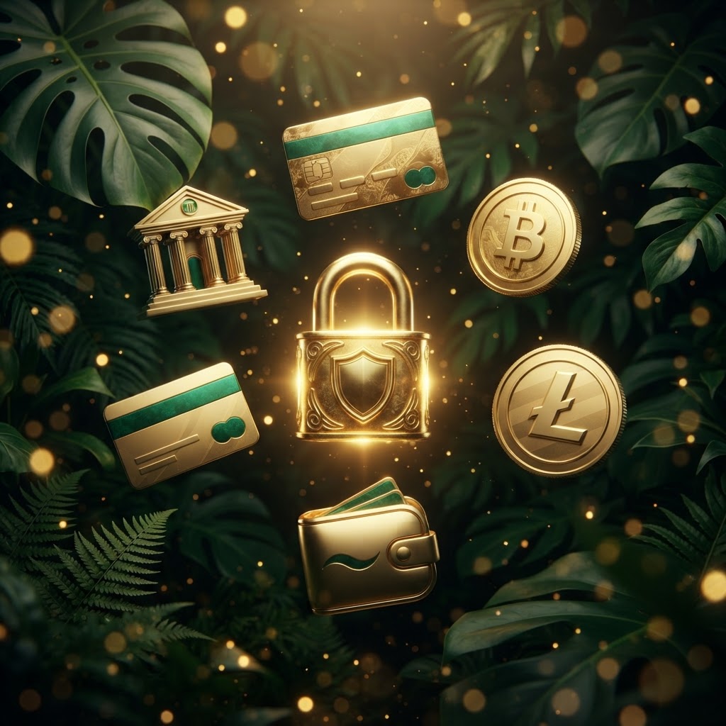 Floating gold card, bitcoin, wallet and voucher icons around a padlock – Fair Go deposit options