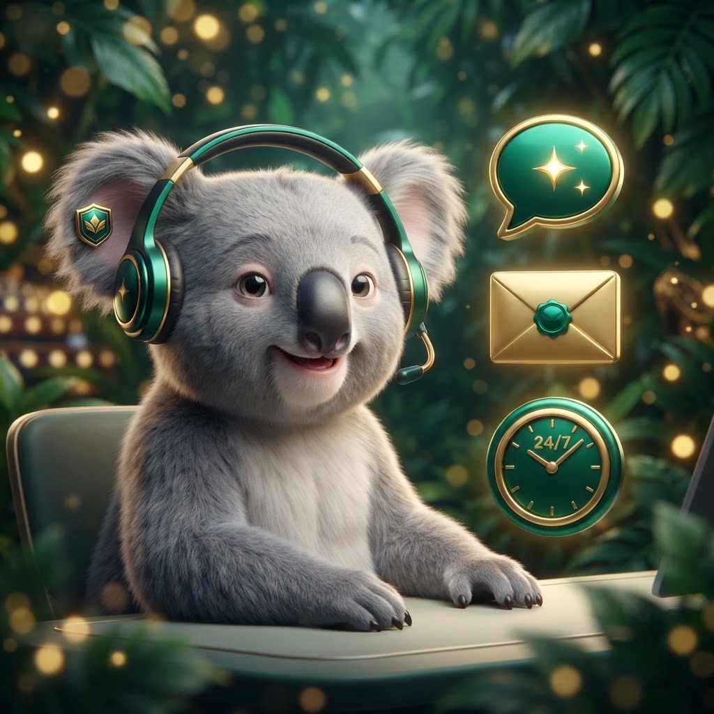 Koala mascot wearing a headset in front of a chat bubble – Fair Go Casino support